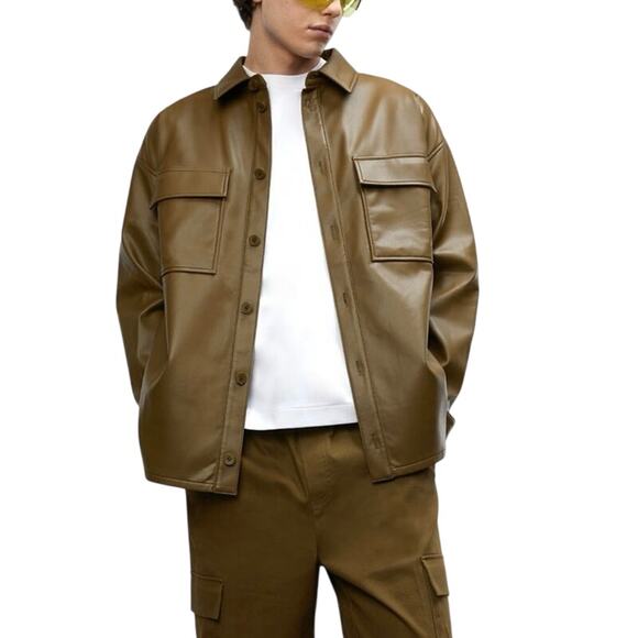Oak+Fort Faux Leather Brown Shirt Jacket Front Button Long Sleeve Mens XS/S NWOT - Picture 1 of 10